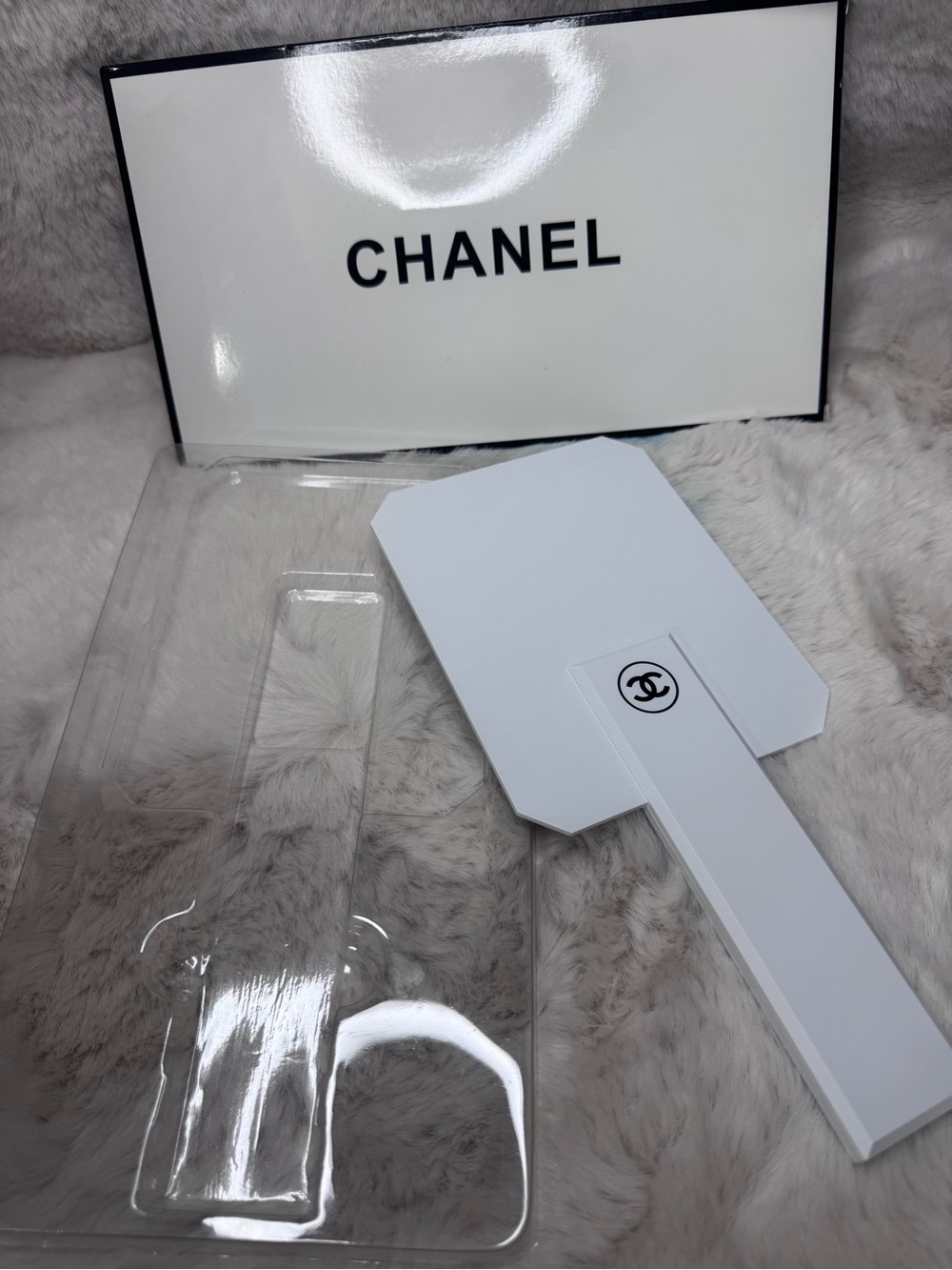CHANEL White Paddle Mirror with Logo